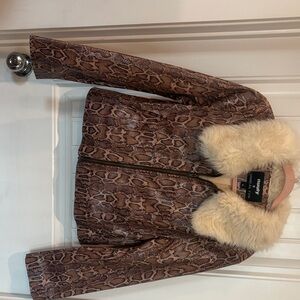 Brown Snake-Print Jacket with Cream Faux-Fur Collar